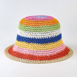 Maytrends Summer Rainbow Striped Bucket Hat Woman Crochet Beach Fisherman Hat Foldable Handmade Weave Sun Hat Female Panama Wholesale