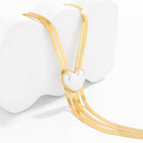Maytrends Simple Multi-layer Flat Snake Chain Long Tassel Choker Elegant Heart-shaped Imitation Pearl Necklace Wedding Jewelry