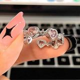 Fashion Design Princess Pink Bowknot Zircon Ring Female Delicate Sweet Girl Ring Birthday Party Jewelry Gift Accessories