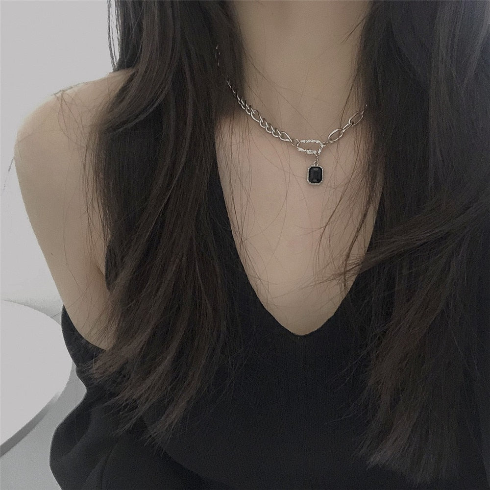 Maytrends Punk Black Crystal Pendant Necklace for Women Men Trendy Personality Stainless steel Chain Necklace Goth Emo Grunge Jewelry