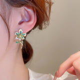 Korean Fashion Fresh Green Zirconia Flower Drop Earrings For Women Girls Luxury Branch Oorbellen Jewelry Gifts