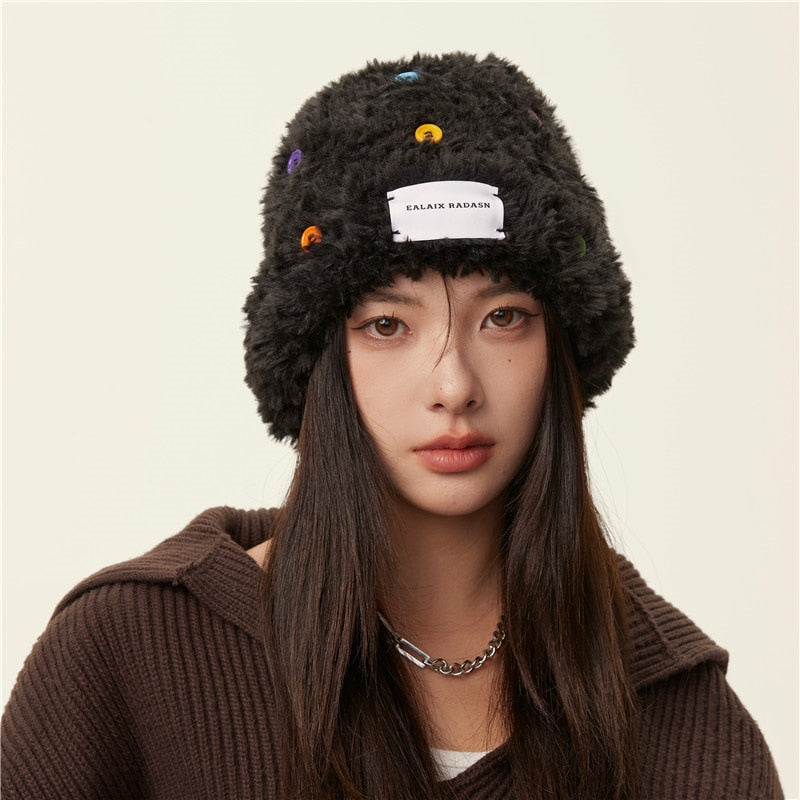 Maytrends New Y2k Colorful Button Plush Beanies Hat Women Knitting Warm Fluffy Bucket Hat Female Winter Outdoor Loose Fisherman Cap