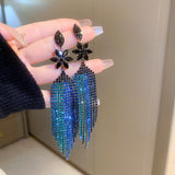 Maytrends Exaggerated Blue Rhinestone Crystal Geometric Flower Long Tassel Earrings for Women Cool Drop Dangling Earring Party Jewelry