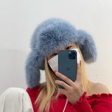 Maytrends Blue Imitation Marten Fur Bomber Hats for Women Plush Fluffy Windproof and Cold Proof Warm Ear Protection Hat Winter Beanies Hat