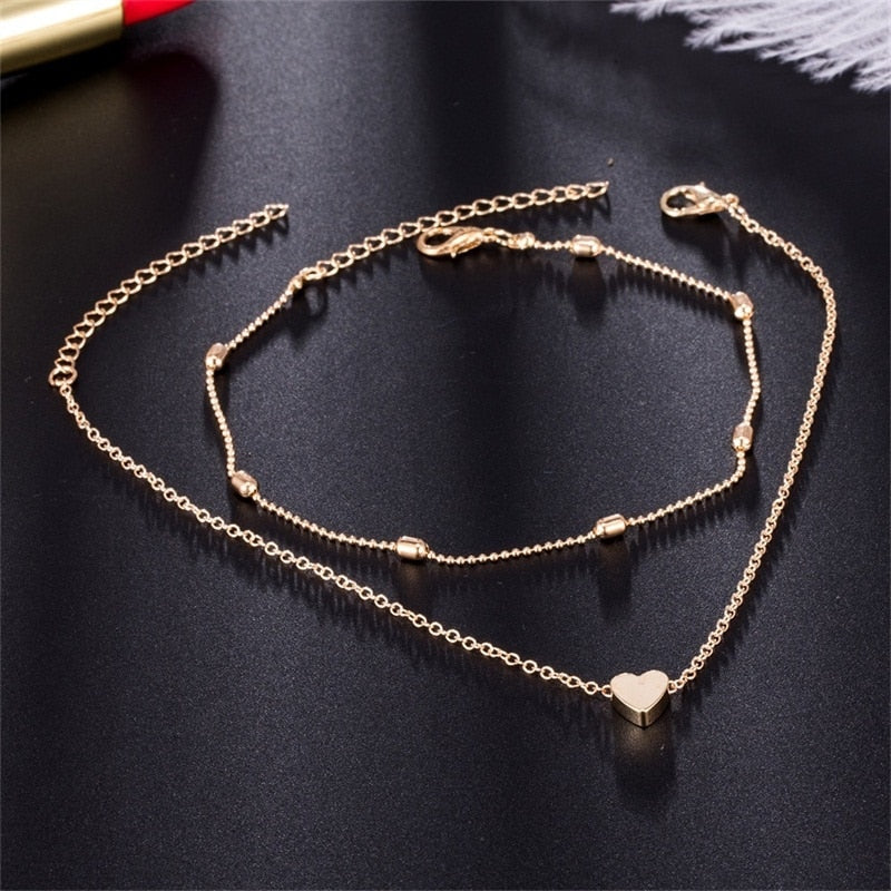 Women Summer Round Bead Chain Love Anklet Simplicity Temperament Double-deck Holidays  Ankle Bracelet