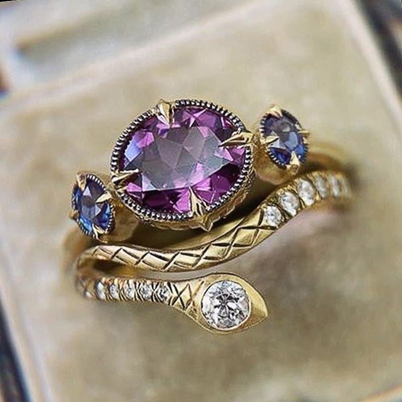 Punk Snake Set Rings for Women with Charming Purple Oval Cubic Zirconia Retro Girls Finger Accessories Party Jewelry Gift