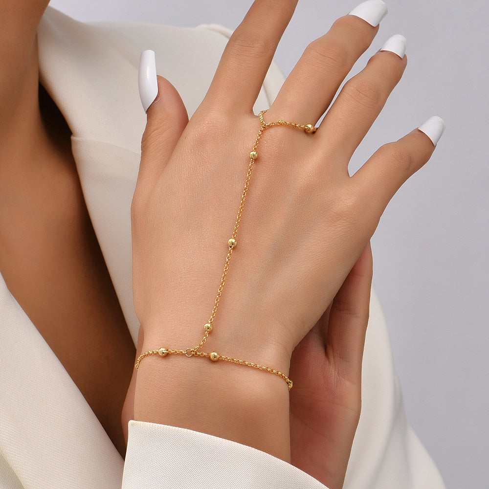 Maytrends New Female Hand Bracelet Slave Chain Link Finger Ring Copper Beads Chains Connected Hand Harness Bracelets for Women