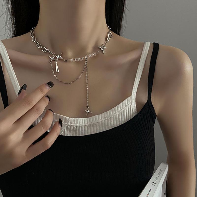 Fashion Star Chain Necklaces Y2K Zircon Crystal Beads Tassel Necklace Aesthetic Star Heart Choker Necklaces Jewelry Gift