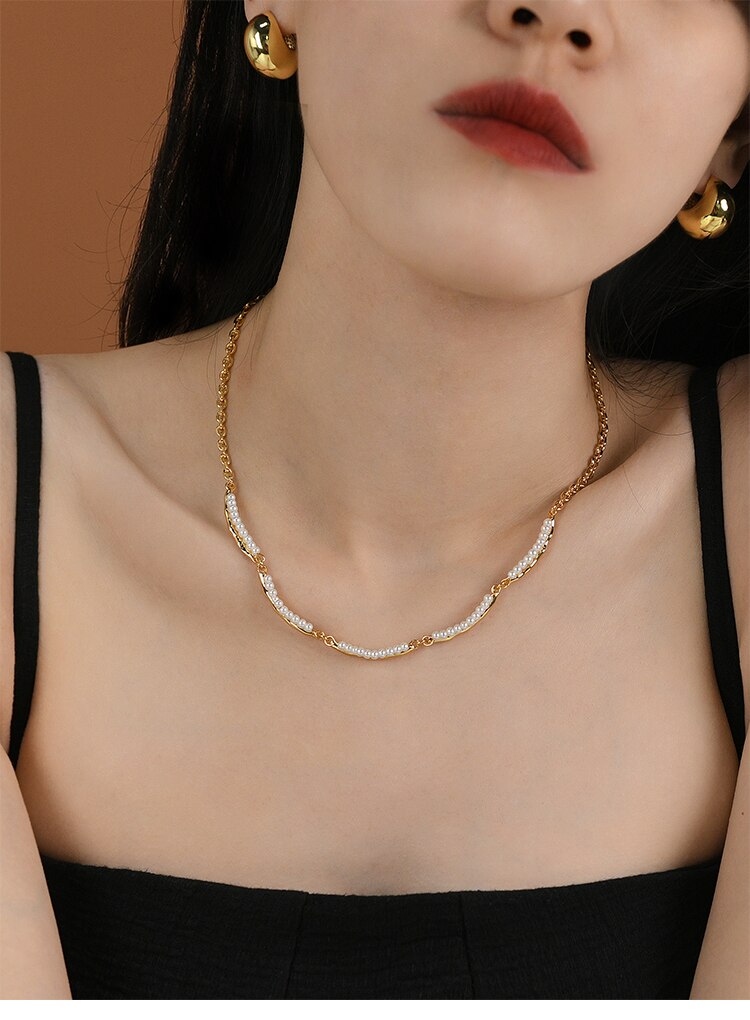 Maytrends Brass WIth 18K Layered Chain Natural Pearl Necklaces Women Jewelry Punk Hiphop Designer Runway Rare  Boho Top Japan Korean