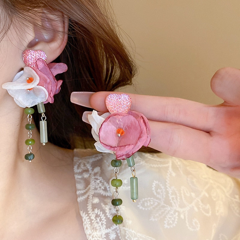 Korean Love Tulle Flower Green Stone Jade Tassel Drop Earrings For Women Fashion Pendientes Party Jewelry Gifts