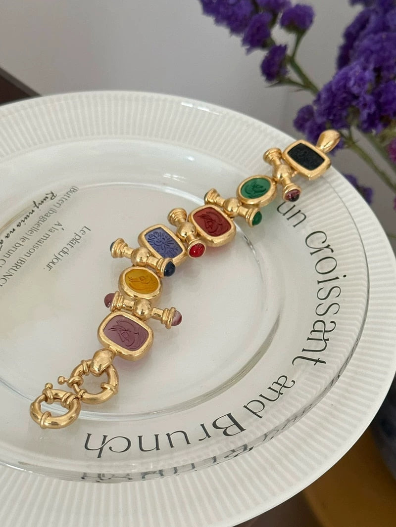 Maytrends Brass Statement Chunky Colorful Retro Beads Bracelet Women Jewelry Designer T Show Runway Gown Rare INS Japan Korean Trendy