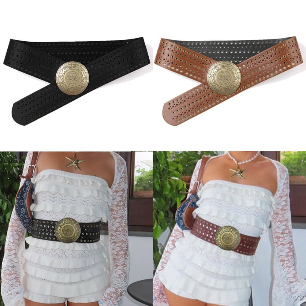 Maytrends Y2K Hollow Western Style Exaggerated Cowboy Wide Disc Belt Women Vintage Soft Durable Belt Waistband Dress Accessories