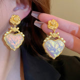 Exquisite Rose Heart Pendant Earrings Gold Elegant Flower Jewelry Wedding Anniversary Party Accessories