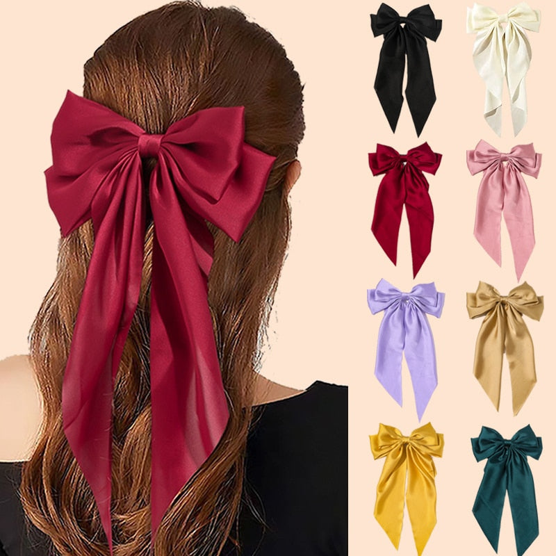 Korean Black Red Big Bow Hair Clip For Women Girls Elegant Long Chiffon Ribbon Hairpins Barrette Hair Accessories Gifts