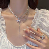 New Fashion Pearl Zircon Butterfly Tassel Necklaces Women Design Light Luxury Senior Sense Pendant Necklace Party Jewelry Gift