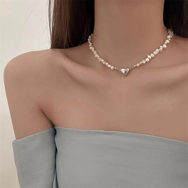 Maytrends Korean Fashion Pearl Chain Choker Necklace for Women Girls Trend Jewelry Heart Pendant Necklace Bridal Engagement