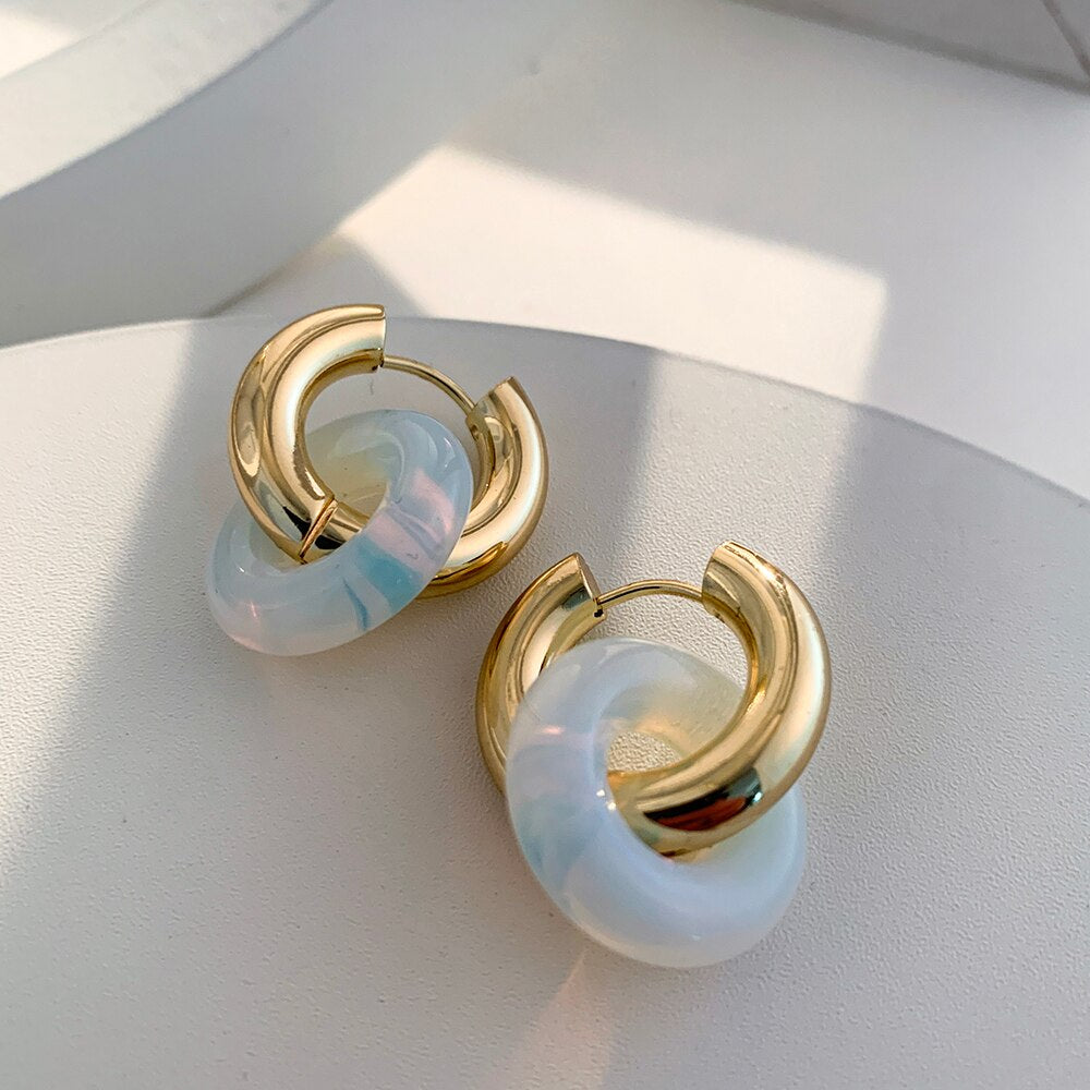 Maytrends New Charm Multicolour Luck Natural Stone Natural Stone Thick Stainless Steel Double Circle Round Hoop Earring Femal Jewelry