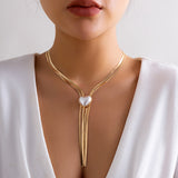 Maytrends Simple Multi-layer Flat Snake Chain Long Tassel Choker Elegant Heart-shaped Imitation Pearl Necklace Wedding Jewelry