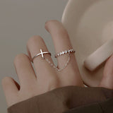 Korean Cross Chain Ring Exquisite Personality Index Finger Adjustable Grade Double Ring Birthday Party Gift Jewelry Accessories