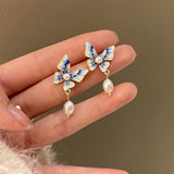 New Fashion Butterfly Pearl Pendant Earrings Women Elegant Temperament Simple Ins Wind Earring Party Jewelry Gift