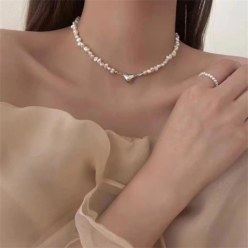 Maytrends Korean Fashion Pearl Chain Choker Necklace for Women Girls Trend Jewelry Heart Pendant Necklace Bridal Engagement