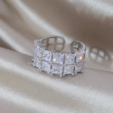 Korea New Design Fashion Jewelry Luxury Square Zircon Double Row Silver Color Ring Elegant Women Prom Party Opening Accessories