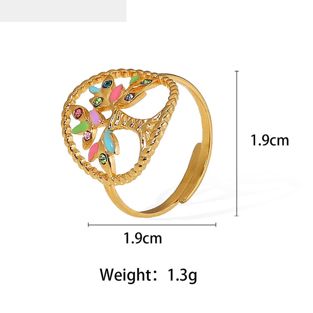 Maytrends INS Trend Colour Rhinestone Oval Tree of Life Ring Women Stainless Steel Plant Vintage Aesthetic Jewelry Accessories Family Gift
