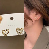 Korea Heart Gold Color Metal Geometric Hollow Simple Shape Stud Earrings for Women Aesthetic Jewelry