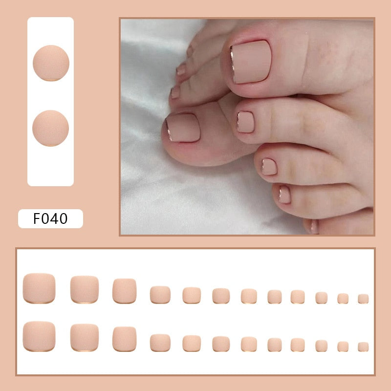 Maytrends 24pcs False Toe Nail French Gold Nude Color Matte Fake Toenail Patch Wearable Full Cover for Girl Women Press on Foot Nail Tips