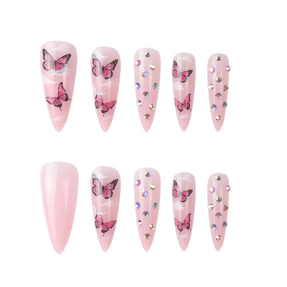 Maytrends 24Pcs Press On Nails Long Stiletto False Nails With Glue Pink Butterfly Cloud Rhinestones Design Acrylic Fake Nail Detachable