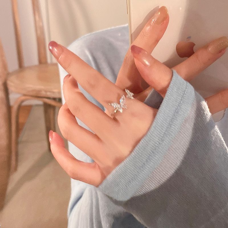 Shiny Cute Crystal Butterfly Zircon Rings for Women Girls Korean Minimalist Wedding Ring Adjustable Silver Color Ring Jewelry