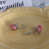 Maytrends Korean Pink Rose Flower Earrings Female Hip Hop Metal Exaggerated Wedding Jewelry