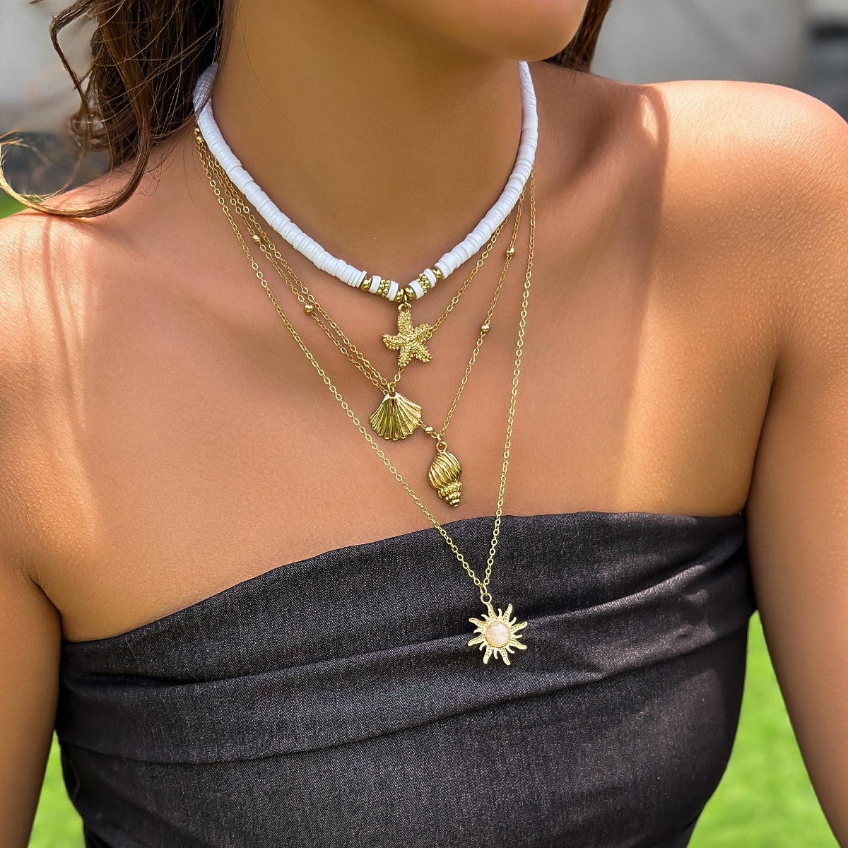Maytrends Bohemia Soft Pottery Beads Necklace Fashion Shell Star Sun Pendant Layered Chain Necklace Women Summer Beach Simple Neck Jewelry