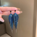 Maytrends Exaggerated Blue Rhinestone Crystal Geometric Flower Long Tassel Earrings for Women Cool Drop Dangling Earring Party Jewelry