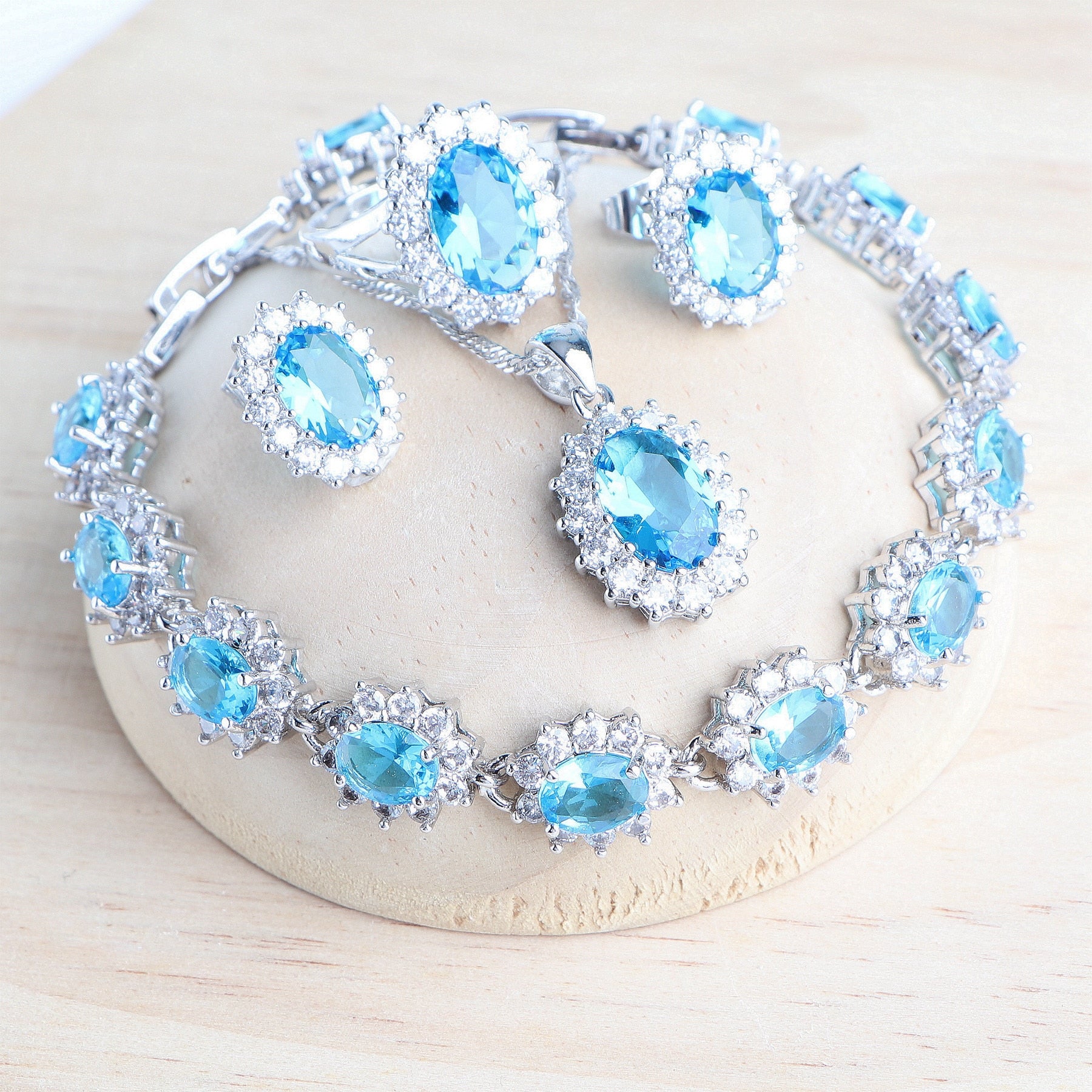 Maytrends Women Bridal Jewelry Sets Blue Zirconia Costume Fine Jewellery Wedding Necklace Earrings Rings Bracelets Pendant Set