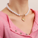 Maytrends Simple Imitation Pearls Chain Choker For Women Vinatge Gold Color Rose Heart Pendant Necklace Women Collar Jewelry Drop Shipping