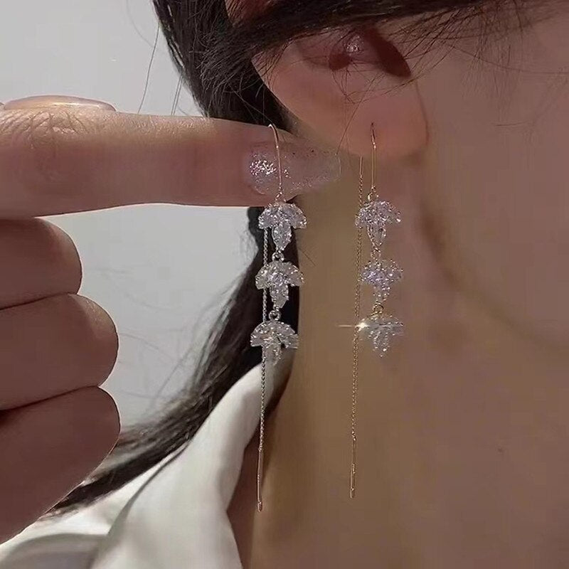 New Golden Maple Leaf Zircon Tassel Long Earrings Women Personality Fashion Earring Wedding Jewelry Birthday Gifts