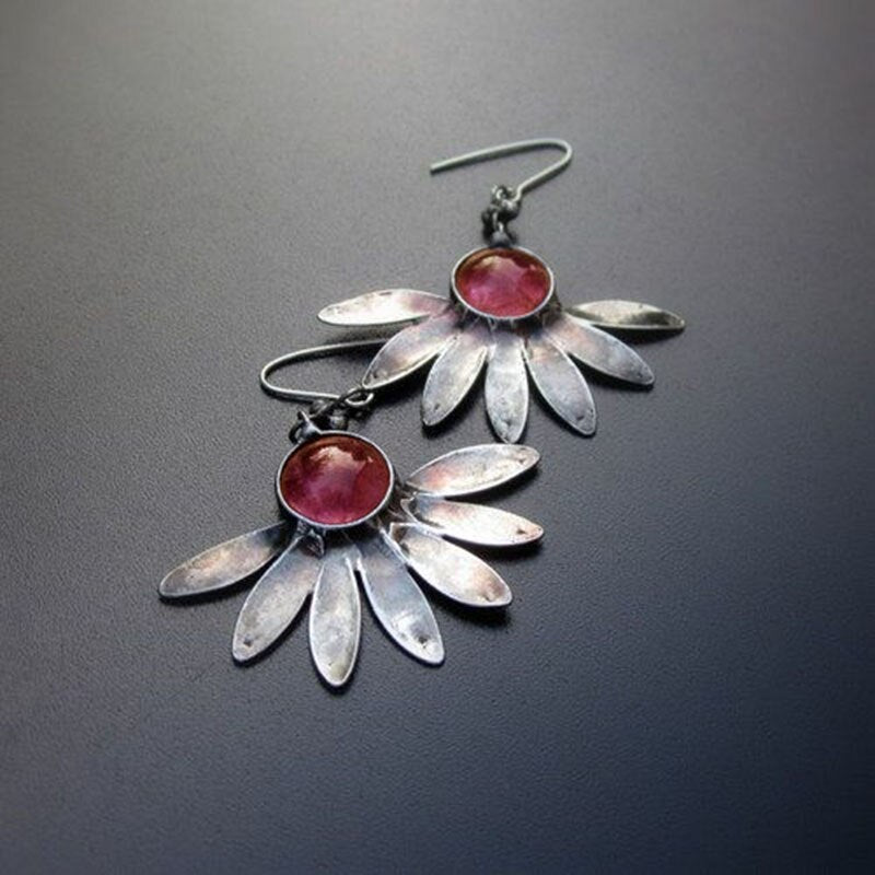 Vintage Ethnic Silver Color Flower Petals Earrings Tribal Jewelry Multicolor Round Purple Stone Drop Earrings for Women Girl New
